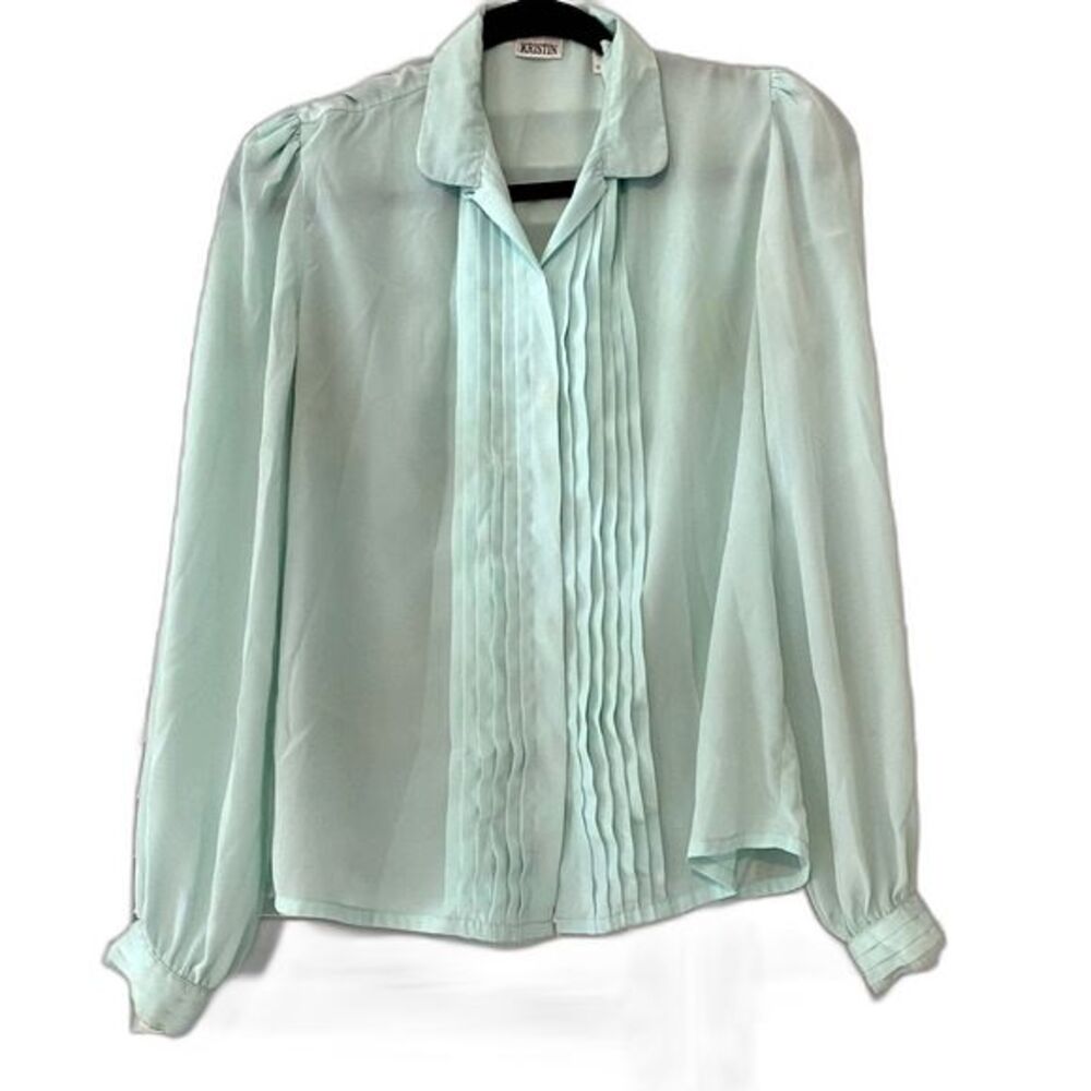 Vintage Kristin Mint Blue Pleated Button Down Blouse size 10